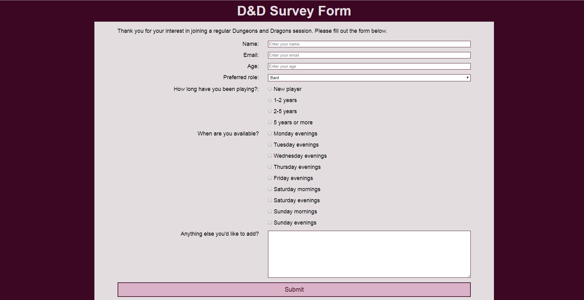 survey form screenshot